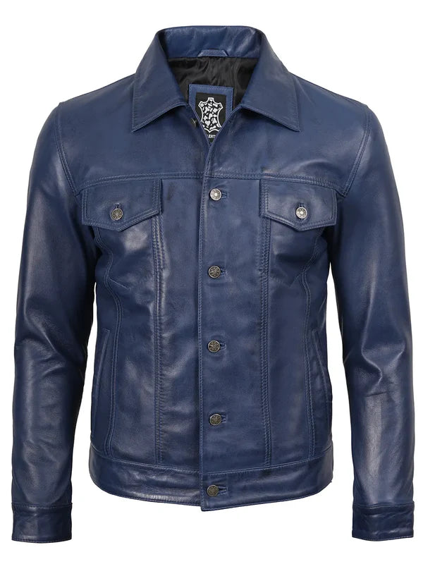 Fernando Men's Blue Real Leather Trucker Jacket